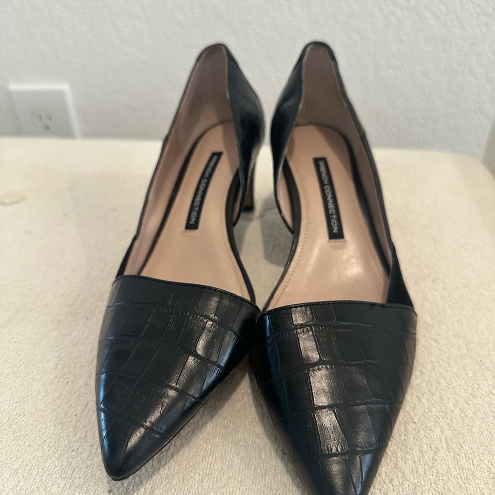 French Connection Black Croc-Embossed Pointed Toe Pumps